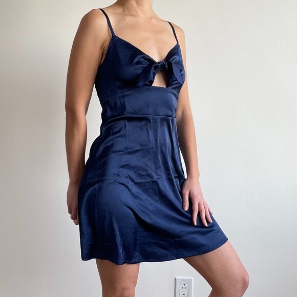 Zaful - Navy Blue Tie Front Satin Cami Dress - Picture 2 of 16